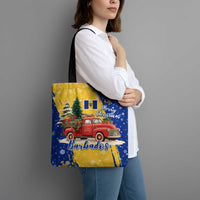 Barbados Christmas Tote Bag with Blue Yellow Xmas Snowflakes Red Truck and Coat of Arms - Wonder Print Shop