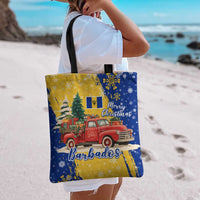 Barbados Christmas Tote Bag with Blue Yellow Xmas Snowflakes Red Truck and Coat of Arms - Wonder Print Shop