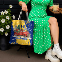 Barbados Christmas Tote Bag with Blue Yellow Xmas Snowflakes Red Truck and Coat of Arms - Wonder Print Shop