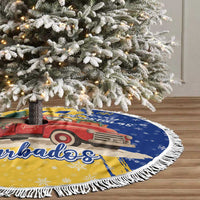 Barbados Christmas Tree Skirt with Blue Yellow Xmas Snowflakes Red Truck and Coat of Arms - Wonder Print Shop