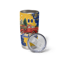 Barbados Christmas Tumbler Cup with Blue Yellow Xmas Snowflakes Red Truck and Coat of Arms - Wonder Print Shop