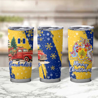 Barbados Christmas Tumbler Cup with Blue Yellow Xmas Snowflakes Red Truck and Coat of Arms - Wonder Print Shop