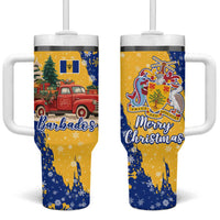 Barbados Christmas Tumbler With Handle with Blue Yellow Xmas Snowflakes Red Truck and Coat of Arms - Wonder Print Shop