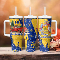Barbados Christmas Tumbler With Handle with Blue Yellow Xmas Snowflakes Red Truck and Coat of Arms - Wonder Print Shop