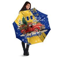 Barbados Christmas Umbrella with Blue Yellow Xmas Snowflakes Red Truck and Coat of Arms - Wonder Print Shop