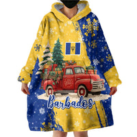 Barbados Christmas Wearable Blanket Hoodie with Blue Yellow Xmas Snowflakes Red Truck and Coat of Arms - Wonder Print Shop