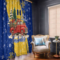 Barbados Christmas Window Curtain with Blue Yellow Xmas Snowflakes Red Truck and Coat of Arms - Wonder Print Shop