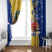 Barbados Christmas Window Curtain with Blue Yellow Xmas Snowflakes Red Truck and Coat of Arms - Wonder Print Shop