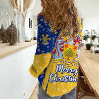 Barbados Christmas Women Casual Shirt with Blue Yellow Xmas Snowflakes Red Truck and Coat of Arms - Wonder Print Shop