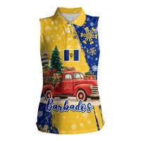 Barbados Christmas Women Sleeveless Polo Shirt with Blue Yellow Xmas Snowflakes Red Truck and Coat of Arms - Wonder Print Shop