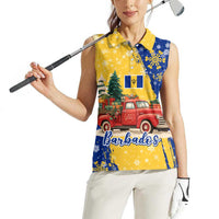 Barbados Christmas Women Sleeveless Polo Shirt with Blue Yellow Xmas Snowflakes Red Truck and Coat of Arms - Wonder Print Shop