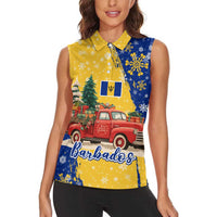 Barbados Christmas Women Sleeveless Polo Shirt with Blue Yellow Xmas Snowflakes Red Truck and Coat of Arms - Wonder Print Shop