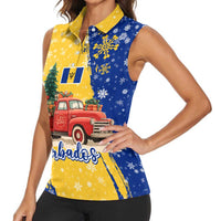 Barbados Christmas Women Sleeveless Polo Shirt with Blue Yellow Xmas Snowflakes Red Truck and Coat of Arms - Wonder Print Shop