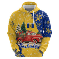 Barbados Christmas Zip Hoodie with Blue Yellow Xmas Snowflakes Red Truck and Coat of Arms - Wonder Print Shop
