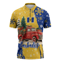 Barbados Christmas Zipper Polo Shirt with Blue Yellow Xmas Snowflakes Red Truck and Coat of Arms - Wonder Print Shop