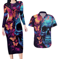 Fantasy Skull with Butterflies Couples Matching Long Sleeve Bodycon Dress and Hawaiian Shirt Love me or hate me i'm still gonna shine - Wonder Print Shop