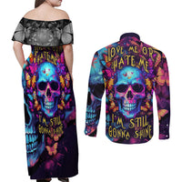 Fantasy Skull with Butterflies Couples Matching Off Shoulder Maxi Dress and Long Sleeve Button Shirts Love me or hate me i'm still gonna shine - Wonder Print Shop