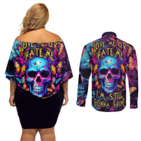 Fantasy Skull with Butterflies Couples Matching Off Shoulder Short Dress and Long Sleeve Button Shirts Love me or hate me i'm still gonna shine - Wonder Print Shop