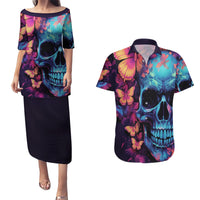 Fantasy Skull with Butterflies Couples Matching Puletasi Dress and Hawaiian Shirt Love me or hate me i'm still gonna shine - Wonder Print Shop