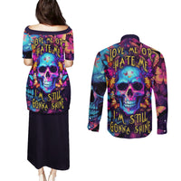 Fantasy Skull with Butterflies Couples Matching Puletasi Dress and Long Sleeve Button Shirts Love me or hate me i'm still gonna shine - Wonder Print Shop