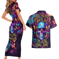 Fantasy Skull with Butterflies Couples Matching Short Sleeve Bodycon Dress and Hawaiian Shirt Love me or hate me i'm still gonna shine - Wonder Print Shop