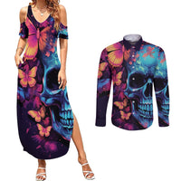 Fantasy Skull with Butterflies Couples Matching Summer Maxi Dress and Long Sleeve Button Shirts Love me or hate me i'm still gonna shine - Wonder Print Shop