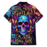 Multicolor Hawaiian shirt with neon skull, butterflies, and 'love me or hate me' text