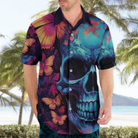 Multicolor Hawaiian shirt with blue skull graphic and butterfly print, short sleeves