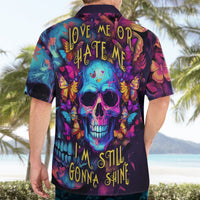 Multicolor Hawaiian shirt back with skull artwork and 'I'M STILL GONNA SHINE' text