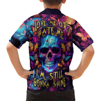 Kids multicolor Hawaiian shirt back with skull graphic and 'love me or hate me' text