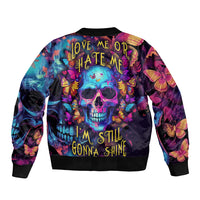 Fantasy Skull with Butterflies Sleeve Zip Bomber Jacket Love me or hate me i'm still gonna shine - Wonder Print Shop