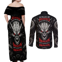 Demon Skull Couples Matching Off Shoulder Maxi Dress and Long Sleeve Button Shirts Always be yourself unless you can be a Dragon then always be a Dragon - Wonder Print Shop