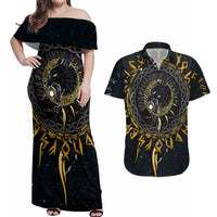 Skoll and Hati Viking Wolfs Couples Matching Off Shoulder Maxi Dress and Hawaiian Shirt - Wonder Print Shop