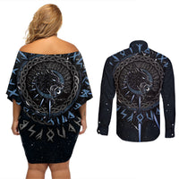 Skoll and Hati Viking Wolfs Couples Matching Off Shoulder Short Dress and Long Sleeve Button Shirts - Wonder Print Shop