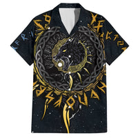 Black button-up Hawaiian shirt with wolf graphic, short sleeves