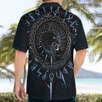Black short-sleeve button-up Hawaiian shirt with blue wolf back print
