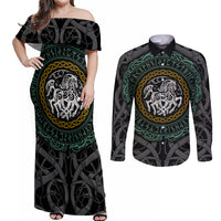 Viking Couples Matching Off Shoulder Maxi Dress and Long Sleeve Button Shirts Sleipnir symbol and viking pattern art - Wonder Print Shop