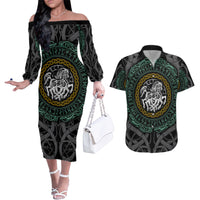 Viking Couples Matching Off The Shoulder Long Sleeve Dress and Hawaiian Shirt Sleipnir symbol and viking pattern art - Wonder Print Shop