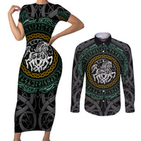 Viking Couples Matching Short Sleeve Bodycon Dress and Long Sleeve Button Shirts Sleipnir symbol and viking pattern art - Wonder Print Shop