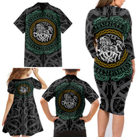 Viking Family Matching Long Sleeve Bodycon Dress and Hawaiian Shirt Sleipnir symbol and viking pattern art - Wonder Print Shop