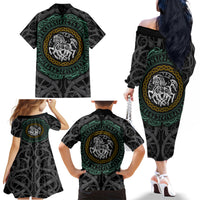 Viking Family Matching Off Shoulder Long Sleeve Dress and Hawaiian Shirt Sleipnir symbol and viking pattern art - Wonder Print Shop