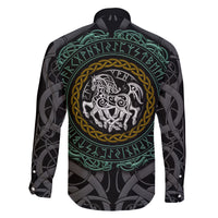 Viking Family Matching Off Shoulder Long Sleeve Dress and Hawaiian Shirt Sleipnir symbol and viking pattern art - Wonder Print Shop