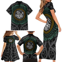 Viking Family Matching Short Sleeve Bodycon Dress and Hawaiian Shirt Sleipnir symbol and viking pattern art - Wonder Print Shop
