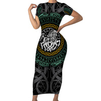 Viking Family Matching Short Sleeve Bodycon Dress and Hawaiian Shirt Sleipnir symbol and viking pattern art - Wonder Print Shop
