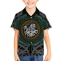 Viking Family Matching Short Sleeve Bodycon Dress and Hawaiian Shirt Sleipnir symbol and viking pattern art - Wonder Print Shop