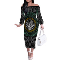Viking Off The Shoulder Long Sleeve Dress Sleipnir symbol and viking pattern art - Wonder Print Shop