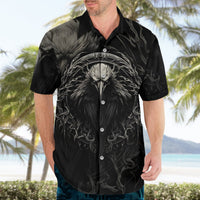 Black Hawaiian button-up shirt with raven front print, short sleeves, open collar