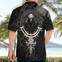 Black Hawaiian button-up shirt with large raven graphic on back, short sleeves