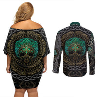 Viking Couples Matching Off Shoulder Short Dress and Long Sleeve Button Shirts Cyan Valknut and Yggdrasil - Wonder Print Shop