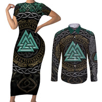 Viking Couples Matching Short Sleeve Bodycon Dress and Long Sleeve Button Shirts Cyan Valknut and Yggdrasil - Wonder Print Shop